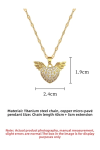 Detail of titanium steel heart wing necklace with micro-set zircons and chain dimensions