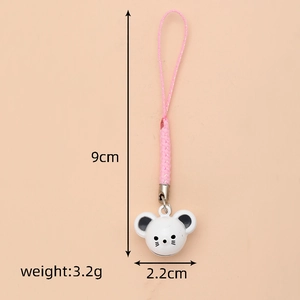 Detailed view of a white mouse metal bell charm with size measurements 9cm x 2.2cm