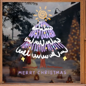 Pastel Christmas tree window stickers with Merry Christmas greeting on wooden frame