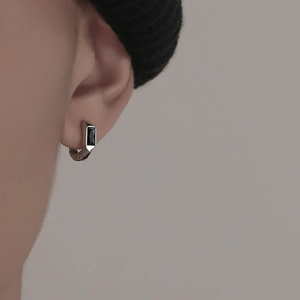 Huggie Hoop Earrings Silver Plated With Black Rectangular Zircon Minimalist Hammered Texture Geometric Hip Hop For Men Women