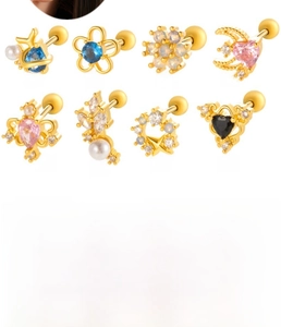 Collection of eight zircon ear studs featuring floral, star, and heart patterns in various colors