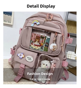 Detailed pink Japanese style school bag with transparent pocket and plush bear charm