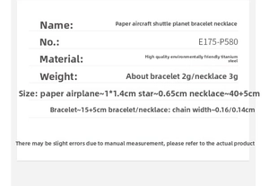 Size chart for paper plane and star necklace set made of durable titanium steel