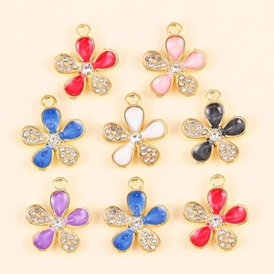 Colorful enamel flower charms with rhinestones and gold alloy base for DIY jewelry
