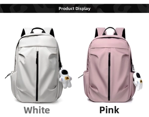 Detail view of water-resistant oxford backpacks in white and pink with astronaut charms