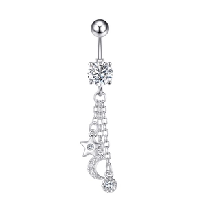 Detailed view of silver belly ring with dangling stars, moon and sparkling zircon stones