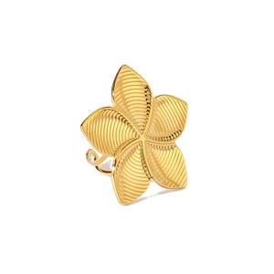 Minimalist gold floral open ring with wavy texture and bohemian geometric petal design