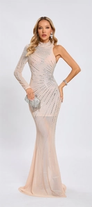 Detail of nude mesh evening gown featuring silver rhinestones and a chic one-shoulder design