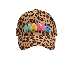 Detailed texture of leopard print corduroy cap with colorful MAMA embroidery