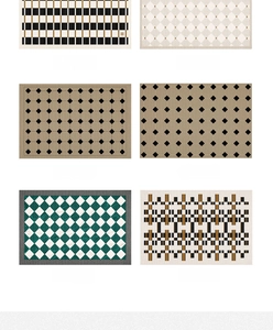 Detail view of six vintage French style geometric patterns on anti-slip PVC door mats
