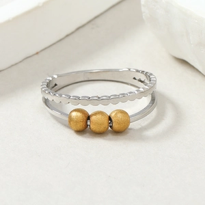 Detail of silver double-layer steel ring featuring three movable frosted gold beads