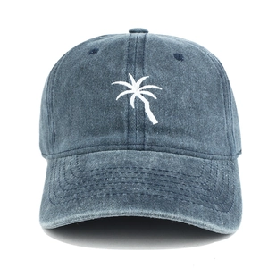 Navy blue washed cotton baseball cap with embroidered white palm tree for outdoor sun protection