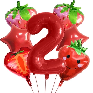 Detailed strawberry theme party balloon set with number 2 and heart shapes