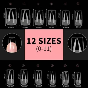 Size chart for 12 sizes of glossy semi-matte press-on nails from 0 to 11 in inches