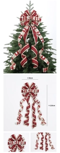 Detail of red and black buffalo plaid Christmas tree topper bow with size dimensions