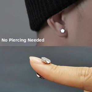 Macro detail of silver pentagon magnetic earring with no piercing needed feature