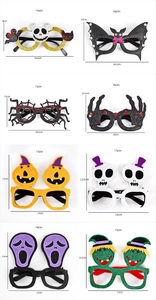 Detailed size chart for 8 Halloween party glasses with pumpkin and skull designs