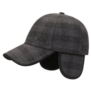 Winter wool blend plaid baseball cap with ear flaps and metal logo detail in dark grey