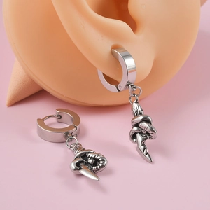 Stainless steel hoop earring with a serpent coiled around a sword pendant in silver finish