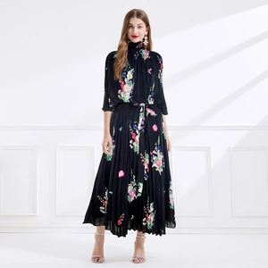 Floral print chiffon pleated maxi dress with high neck and waist belt for summer
