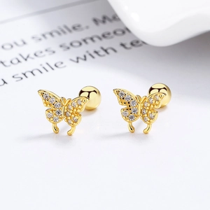 Pair of gold 925 sterling silver butterfly stud earrings with sparkling zircon stones