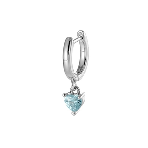 Minimalist silver hoop earring featuring a faceted light blue heart-shaped pendant