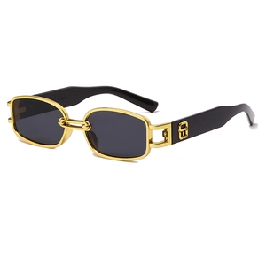 Retro oval sunglasses with gold metal frame, black lenses, and stylish B-logo on temples