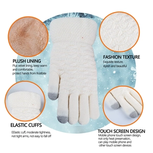 White winter thermal gloves for women with grey touchscreen tips and warm plush lining