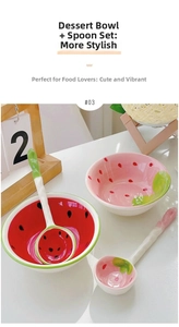 Detail of strawberry and watermelon ceramic dessert bowls with matching spoons on table