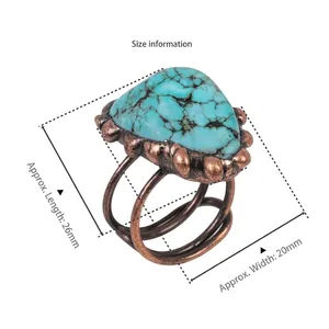 Vintage copper ring with natural irregular turquoise stone and triple spiral band