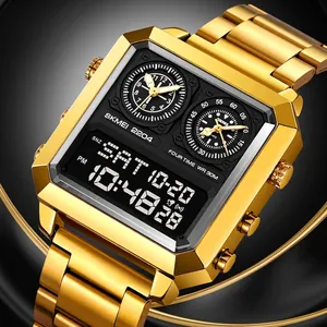 Men Square Digital Analog Watch Multi Time Zone Waterproof Zinc Alloy Stainless Steel Sports Electronic Wristwatch
