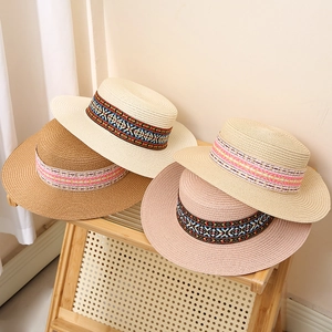 Bohemian Flat Top Straw Hat For Women Men Summer Beach Sun Protection Paper Straw Fedora Hat With Embroidery Ribbon Decor