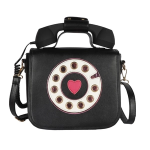 Vintage style telephone crossbody bag in black PU leather with rotary dial and heart detail