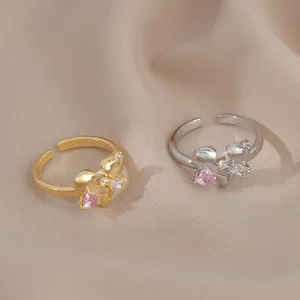 Heart Shaped Pink Zirconia Open Adjustable Ring Copper Micro Paved Elegant Fashion Jewelry For Women