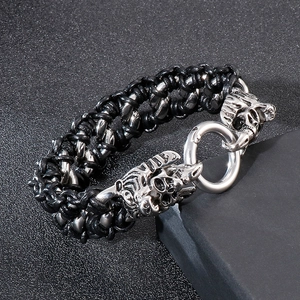 Men's punk braided leather bracelet with silver stainless steel skull dragon clasp