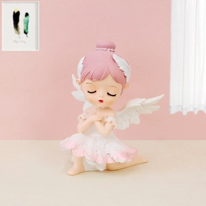 Detail of cute ballet girl figurine with pink hair and white feather skirt in a cozy room