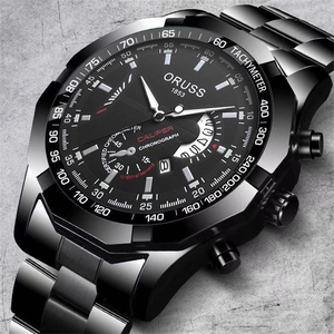 Macro close-up of ORUSS chronograph watch dial with tachymeter and date display