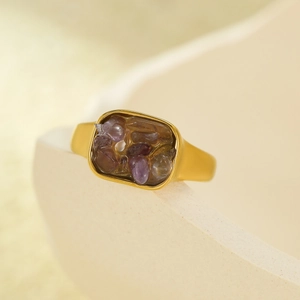 Vintage gold stainless steel square ring with natural purple stones and thick band