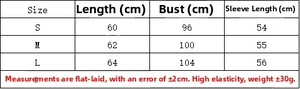 Detailed size chart for women's knit sweater including length, bust, and sleeve measurements