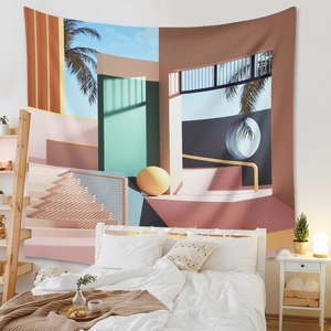 Detail of surrealist architectural tapestry with Morandi colors and palm tree wall decor