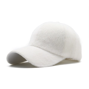 Detailed close-up showing soft white faux fur texture of the winter warm baseball cap
