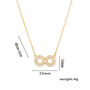 Minimalist gold infinity necklace with clear zircon pendant and measurement details