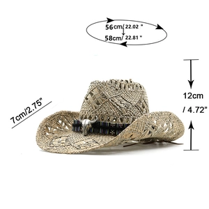 Natural straw cowboy hat with ethnic ribbon and metal bull skull decoration