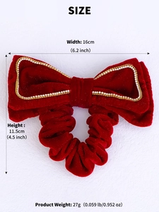 Detailed size specifications for large red velvet bow hairclip with rhinestone trim