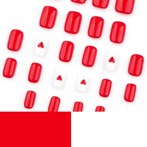 Glossy short square red press-on nails with heart designs for Valentine's Day style