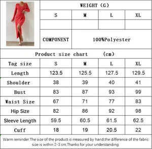 Tabla de tallas detallada para vestido ajustado rojo con abertura, tallas S a XL