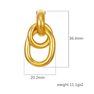 Gold stainless steel twisted double loop earrings with size and weight dimensions shown