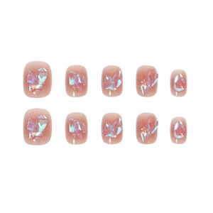Short round pink glitter press-on nails with luxury rhinestones and 3D gems set