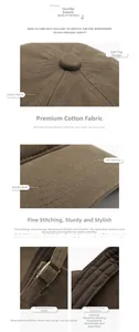 Detailed views of brown cotton baseball cap showing stitching, metal buckle and sweatband