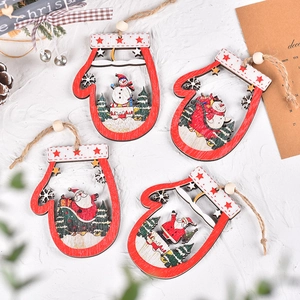 Christmas Wooden Glove Hanging Ornaments Santa Claus Snowman Xmas Tree Decorations With Jute Rope Wooden Beads